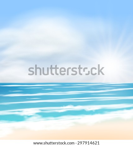 Illustration Sea Landscape Background Sunrise, Surf Blue Ocean and Far Clouds on Horizon - Vector