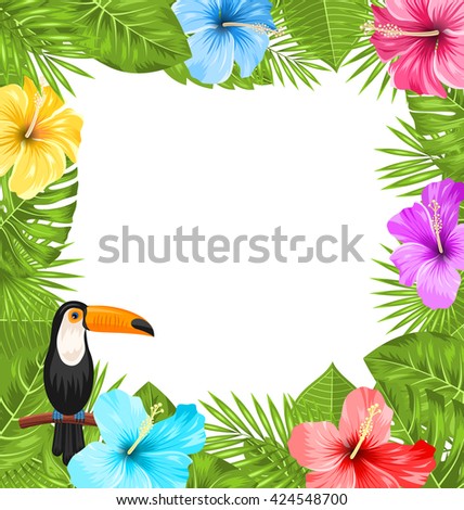 Illustration Exotic Jungle Frame with Toucan Bird, Colorful Hibiscus Flowers Blossom and Tropical Leaves, Copy Space for Your Text - Vector