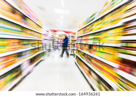 Empty supermarket aisle,motion blur