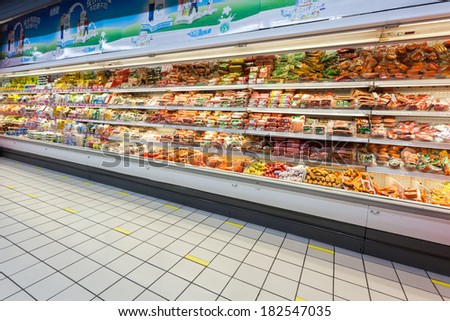 HANGZHOU,CHINA - FEB 14: Carrefour supermarket interior view on February  14th 2014 in Hangzhou. Carrefour is a France chain enterprises worldwide.