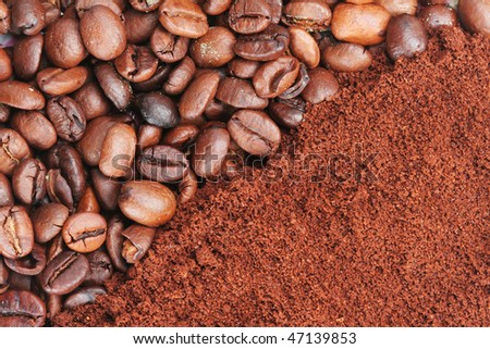 Background from grains of coffee and coffee of the ground