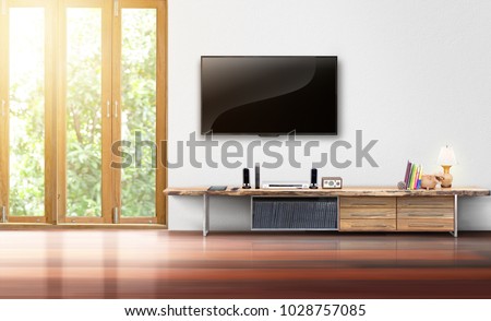 Living room led tv on white wall with wooden table empty interrior