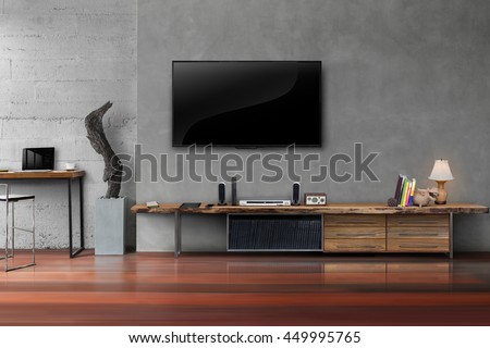 Living room led tv on concrete wall with wooden table media furniture modern loft style