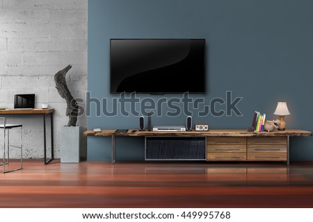 Living room led tv on dark blue wall with wooden table media furniture modern loft style