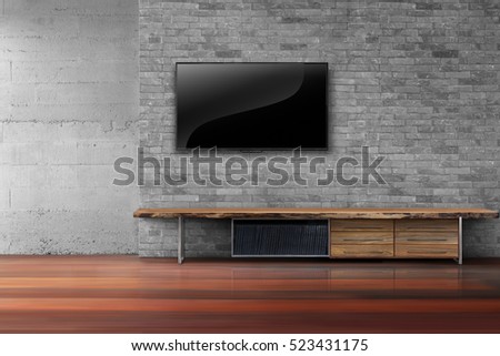 Living room led tv on brick wall with wooden table and plant in pot empty interior