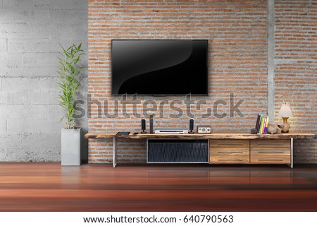 Living room led tv on red brick wall with wooden table and plant in pot empty interior