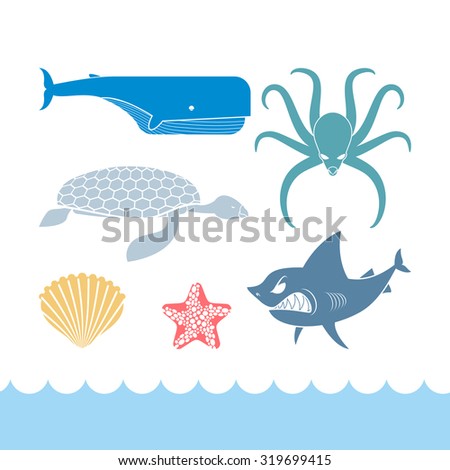 Underwater World Set flat icons. Animals Ocean. Shark and octopus. Tortoise and whale. Starfish and scallop. Stock residents Ocean