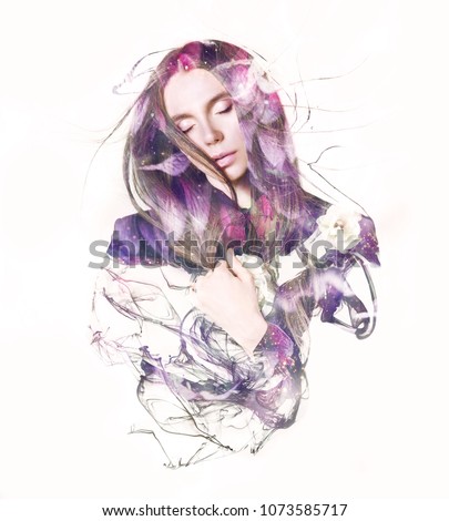 Visual digital art. Fantasy woman portrait. Double exposure effects. \
Beautiful girl with closed eyes dreaming. Sleeping beauty concept. \
Loveliness of youth and feminity