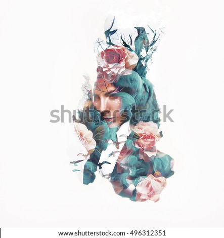 Visual digital art. Fantasy woman portrait. Double exposure effects. Girl with a crown of deer horn and sitting crow in dry branches, hair full of roses and flying birds. Bright deer fantasy make-up