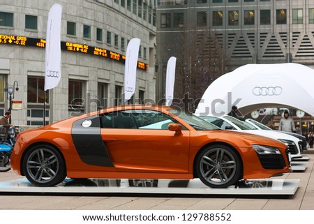 LONDON - FEBRUARY 12TH: Audi showcases their R8 collection on the 12th of February 2013 at Canary wharf in london, UK. The R8 audi collection is Audi\'s most expensive model.