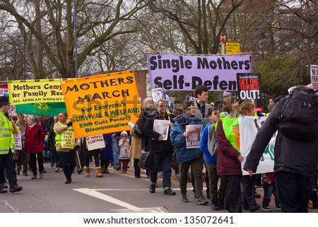 LONDON - APRIL 13TH: Unidentified people protest at the Thousand Mothers March for Benefit Justice in Tottenham, London on April the 13th 2013.  The \