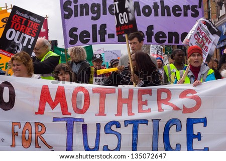 LONDON - APRIL 13TH: Unidentified people protest at the Thousand Mothers March for Benefit Justice in Tottenham, London on April the 13th 2013.  The \