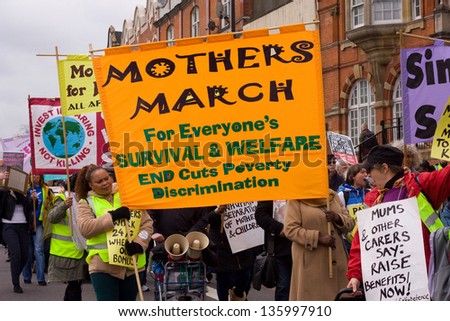 LONDON - APRIL 13TH: Unidentified people protest at the Thousand Mothers March for Benefit Justice in Tottenham, London on April the 13th 2013.  The 