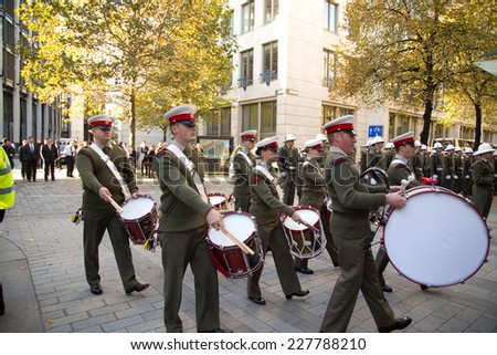 LONDON - OCTOBER 28TH: The royal marines on parade at the guildhall on October the 28th 2014 in London, England, UK. The events marks the royal marines 350th anniversary.
