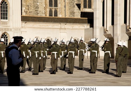 LONDON - OCTOBER 28TH: The royal marines on parade at the guildhall on October the 28th 2014 in London, England, UK. The events marks the royal marines 350th anniversary.