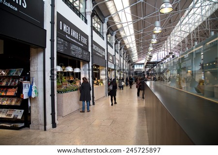 LISBON, PORTUGAL- January 10th, 2015: Mercado da ribeira food market on the 10th of january 2015 in Lisbon, Portugal. The market if a popular place to eat fresh portuguese specialties.