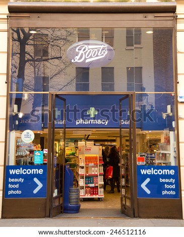 LONDON - JANUARY 22nd: The exterior of Boots on January 22nd, 2015, in London, England, UK. Boots is the Uk\'s leading pharmaceutical company.