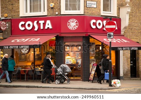 LONDON - JANUARY 27TH: Costa coffee shop on January 27th, 2015 in London, England, UK. Costa is one of the UK\'s largest coffee chains.