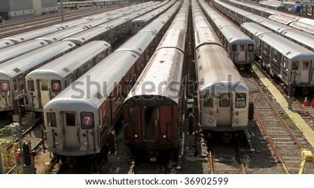 New York Subway trains at the end of the line at the train depot