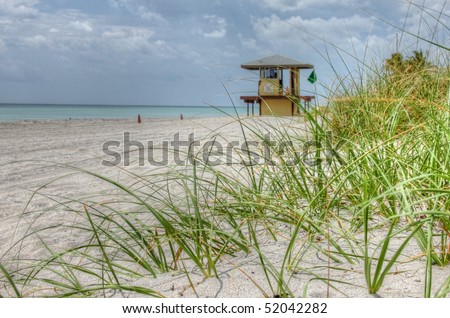 HDR image of grasses growing through sand on the beach and a surf life saving lookout