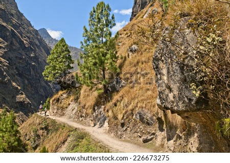 Two travelers on a narrow mountain track go through the mountain wood round Annapurna in Nepal.