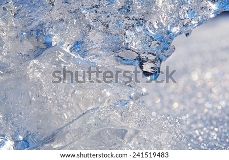 Ice thawing by spring with  water droplet close up.