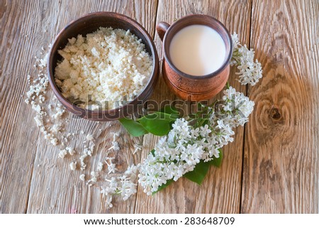 Crumbs of cheese and  flowers of lilac paint  heart on wooden table around  jug with fresh milk and  bowl of homemade cheese.