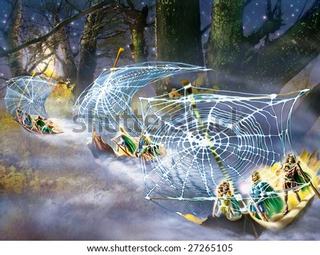 stock photo : A fantasy picture with fairies, flying by ships of leaves.