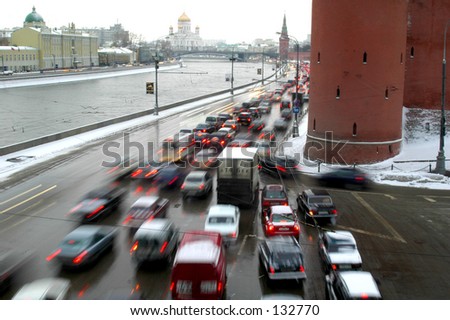 Blurred Fast Moving Cars near Kremlin Tower