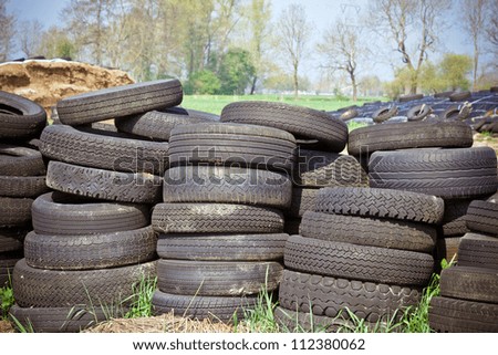 Pile of tires at the dump. Horizontal shot
