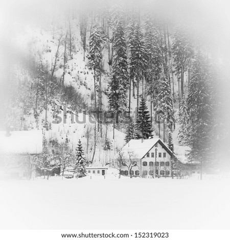 Fairy tale. ?Snowy Alpine house in the mountain woods. Toned and vignetted image as postcard