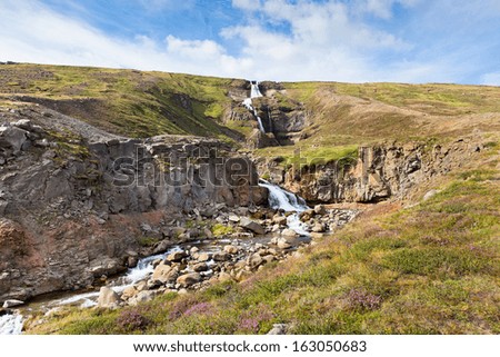Summer Iceland Landscape with Waterfall and Bright Blue Sky. Horizontal shot