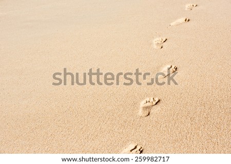 Human footprints on beach sand. Horizontal shot with copy space