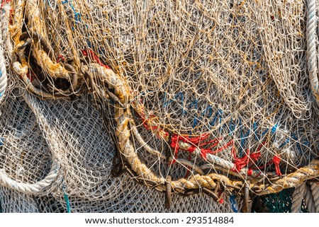 Old color fishing nets and ropes. Horizontal shot for texture or background