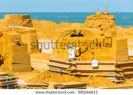 BELGIUM, OSTEND - MAY 27: Sand Sculpture Festival «Frozen Summer Fun» 2015 at Ostend Beach, Belgium preparings on May 27, 2015