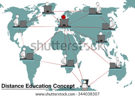Concept of distance online and e-learning education. Tutor instructs members from different countries. Fast relationships between teacher and group in spite of distance. European variant of teacher.