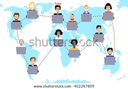 Concept of distance education and e-learning. Tutor instructs students from different countries. Earth map background. European variant of teacher.