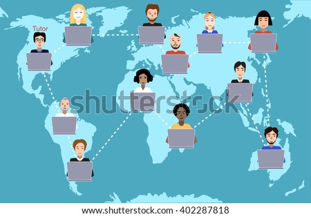 Concept of distance education and e-learning. Tutor instructs students from different countries. Earth map background. American variant of teacher.