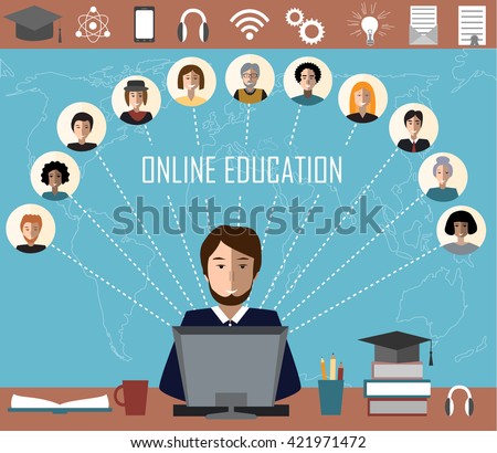 Tutor and his online education group on the world map background. Concept of distance education and e-learning. Tutor instructs students from different countries. Education and science icons.