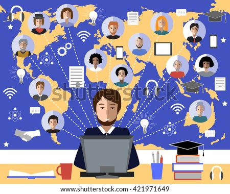 Tutor and his online education group on the world map background. Concept of distance education and e-learning. Tutor instructs students from different countries. Education and science icons.