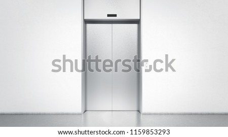 Blank silver closed elevator in office floor interior mock up, front view, 3d rendering. Empty lift with buttons near concrete wall mockup. Concept of business center or hotel lifting template