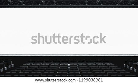 Blank white large screen in presentation hall mockup, front view, 3d rendering. Empty display for cimena or business conference mock up. Scene for event with auditorium. Meeting room template.