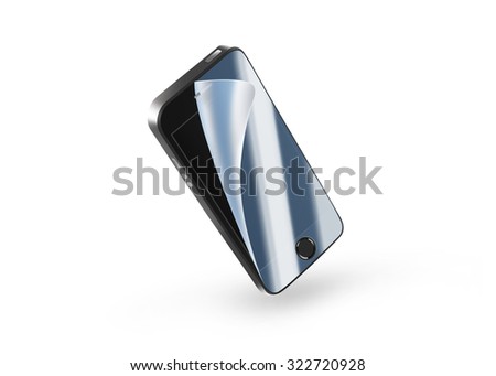 Black phone protection film on screen. Mobile display with protector isolated on white. Mock up protected from damage protective film. Safety, clear insure from crash. Defense digital presentation.