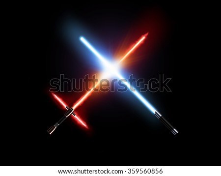 Light saber fight, red and blue isolated on black. Lightsaber futuristic weapons war. Sabre sword with fire force. Star master weapon equipment. Laser steel swords. Dark and light force war.
