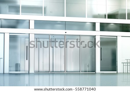 Blank commercial building glass entrance mockup, 3d rendering. Business canter closed entry mock up. City bank exterior outdoor template. Corporation facade architecture, front view.