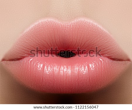 Close-up perfect natural lip makeup beautiful female mouth. Plump sexy full lips. Macro photo face detail. Perfect clean skin, fresh lip make-up. Beautiful spa tender lips