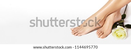 Beautiful bare Feet. Nail Varnishing, French Manicure in white color. Pedicure, Nails Polish in Beauty Salon Concept on white background