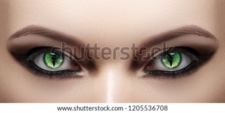 Close-up of Woman Eyes. Halloween Makeup. Cat Eye Lens. Fashion Catwalk Black Make-Up. Luminous Green Cats Eyes. Closeup Shot