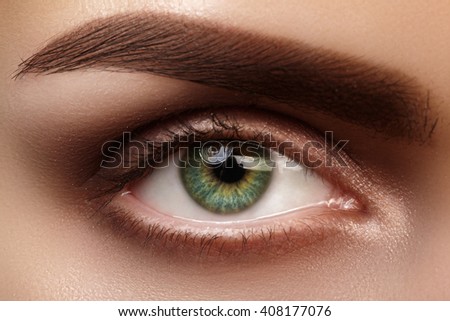 Beautiful macro shot of green female eye with natural makeup. Perfect shape of eyebrows, brown eyeshadows and long eyelashes. Cosmetics and make-up. Closeup macro shot of fashion smoky eyes visage