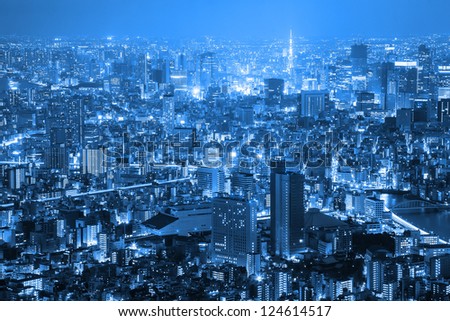 Tokyo City Sky View At Night In Blue Tone